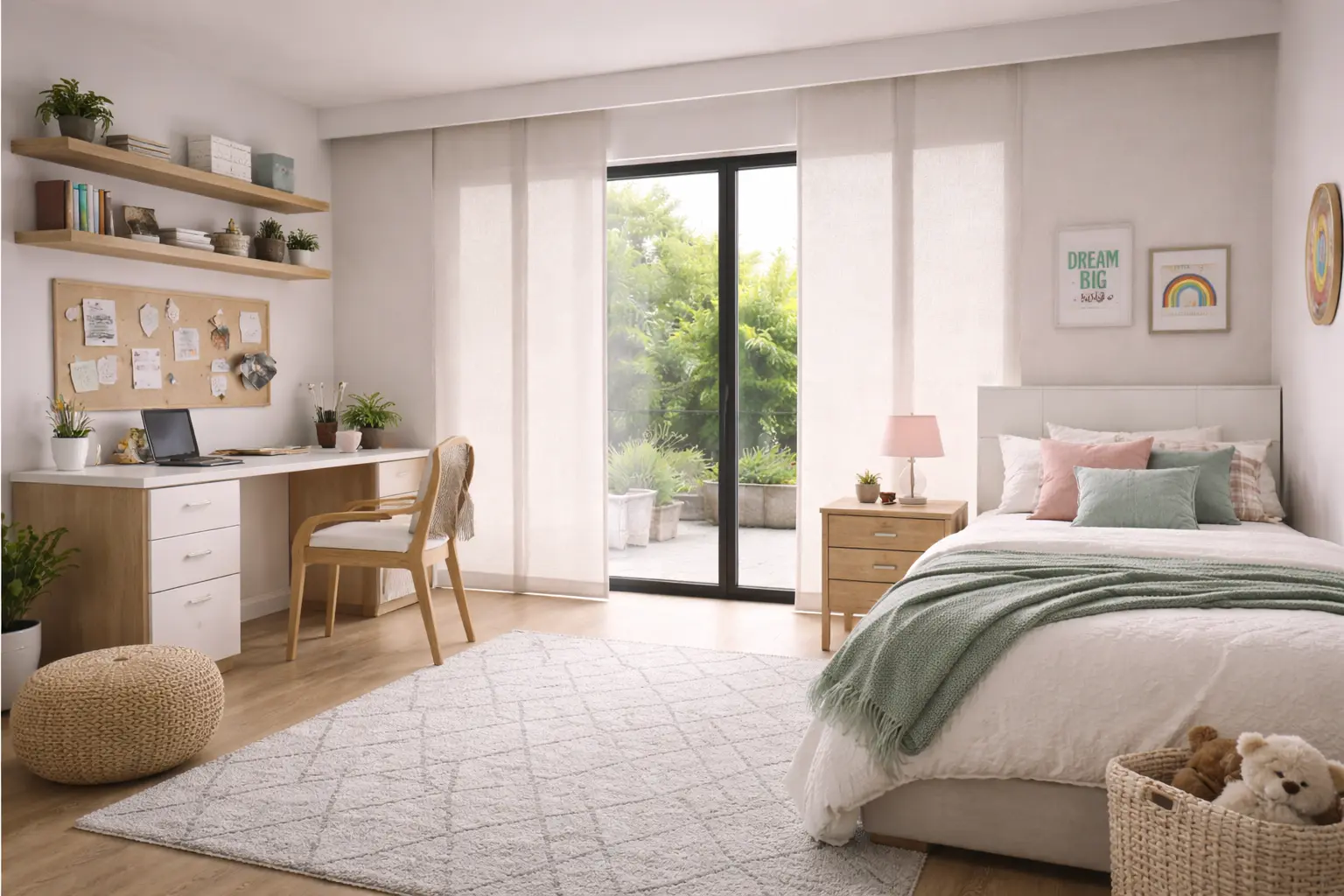 Panel japonés a medida en dormitorio con zona de trabajo