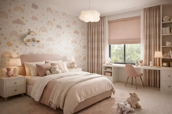 Habitación infantil o juvenil con textiles resistentes y control de luz