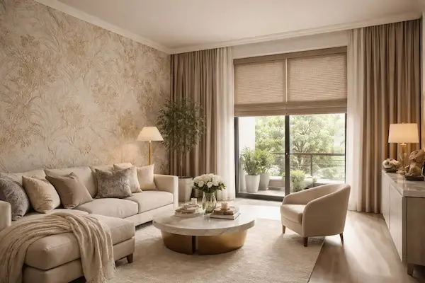 Salón con cortinas y soluciones decorativas para control de luz