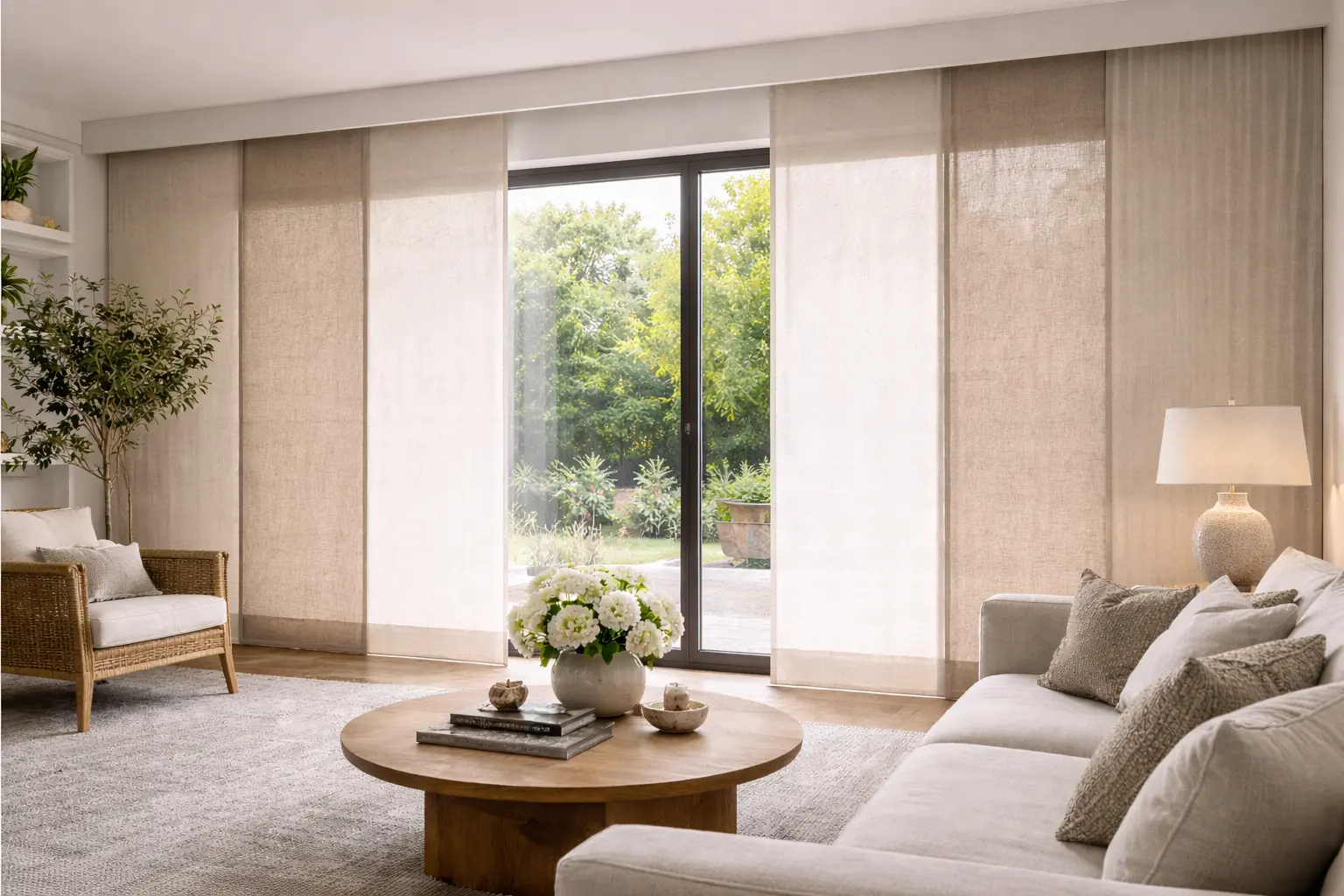 Panel japonés y cortinas verticales para ventanales