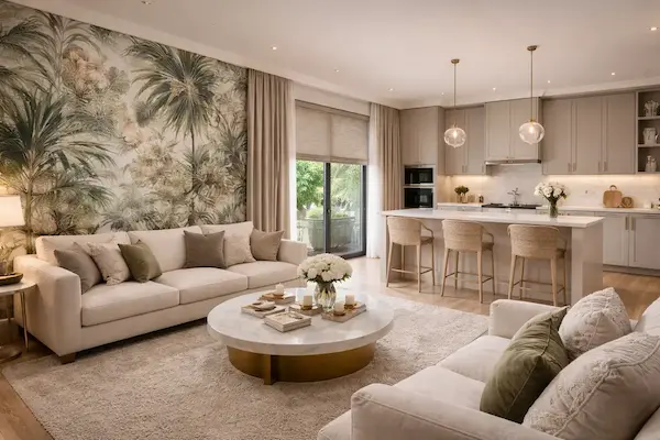 Propuesta de salón y comedor a medida con cortinas, alfombra y soluciones decorativas coordinadas