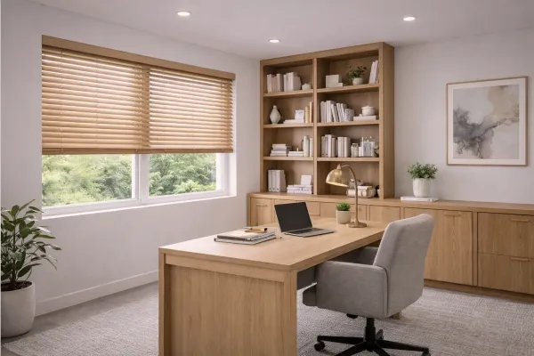 Veneciana de madera en oficina: calidez y control de luz